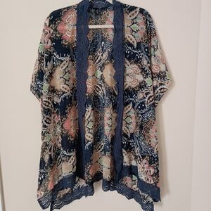 Blue‎ Floral Paisley Print Boho Artsy  Kimono with Crochet Trim